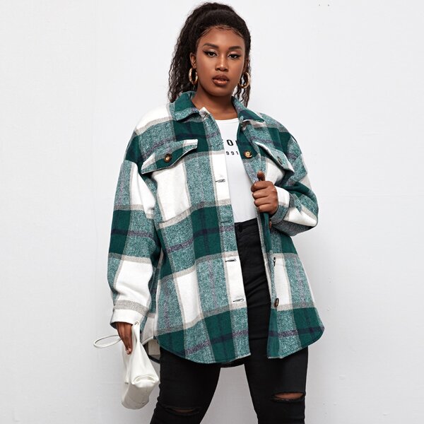

Plus Flap Pocket Front Drop Shoulder Plaid Coat, Multicolor