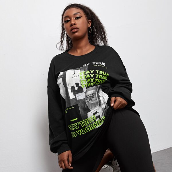 

Plus Drop Shoulder Letter and Figure Graphic Pullover, Black