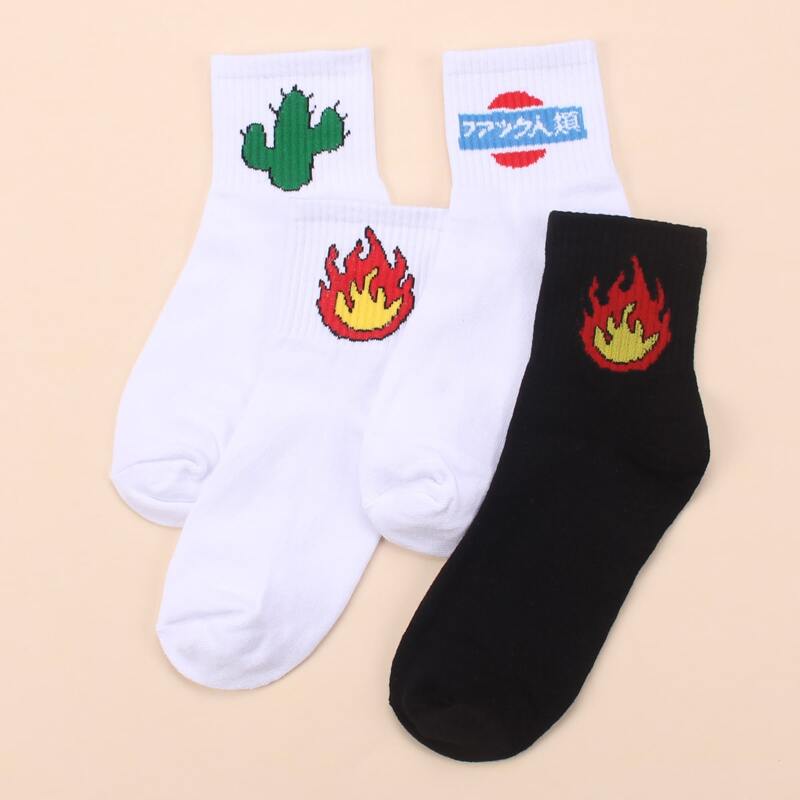 

4pairs Flame & Cactus Pattern Crew Socks, Multicolor