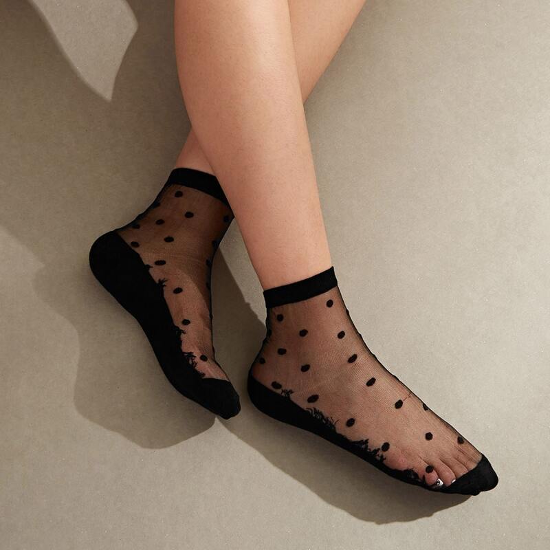 

1pair Polka Dot Mesh Socks, Black