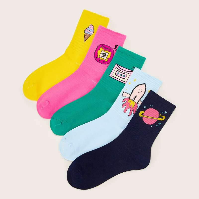 

5pairs Cartoon Pattern Crew Socks, Multicolor