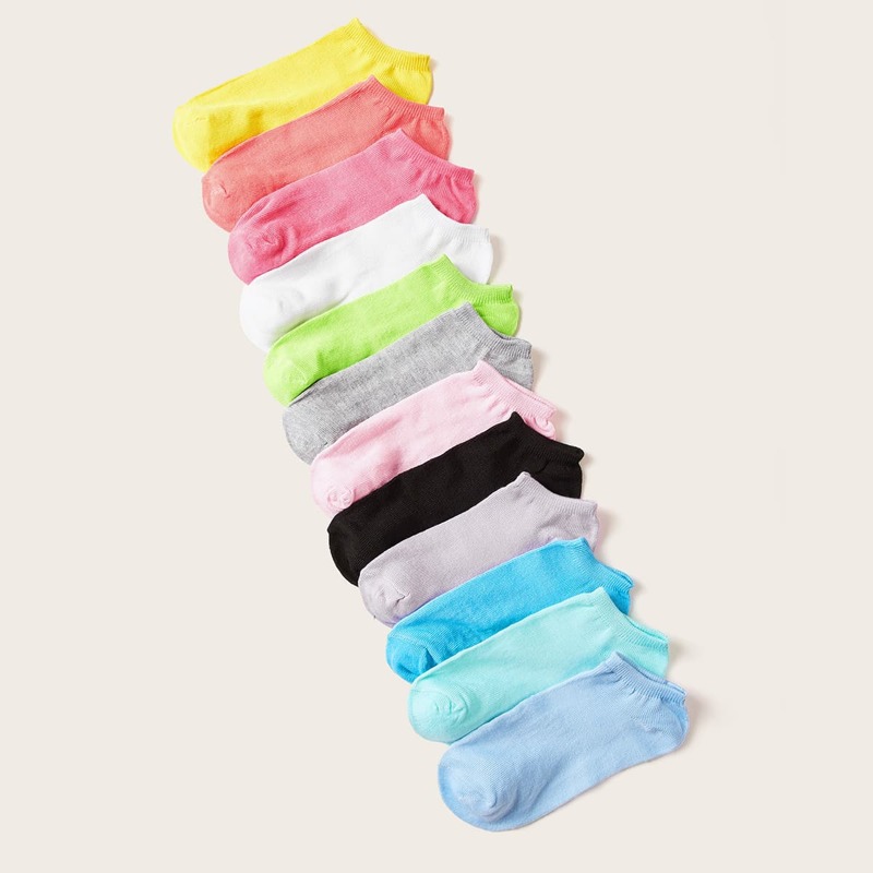 

12pairs Solid Plain Ankle Socks, Multicolor