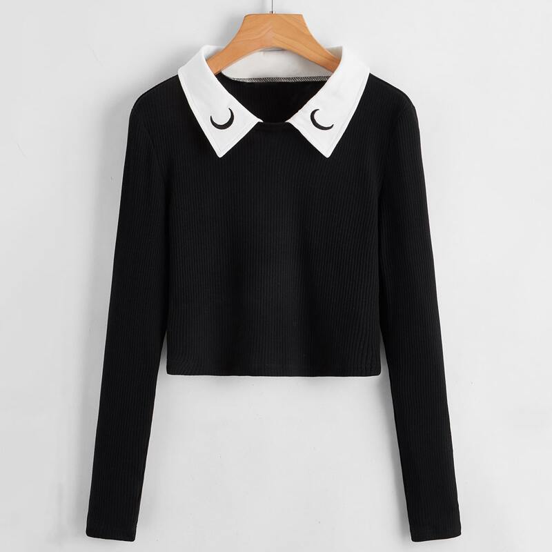 

Moon Embroidery Collar Tee, Black
