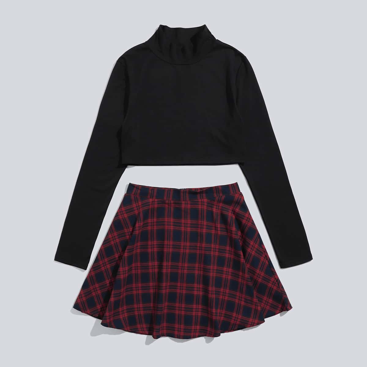 

Mock Neck Tee & Plaid Skirt, Multicolor