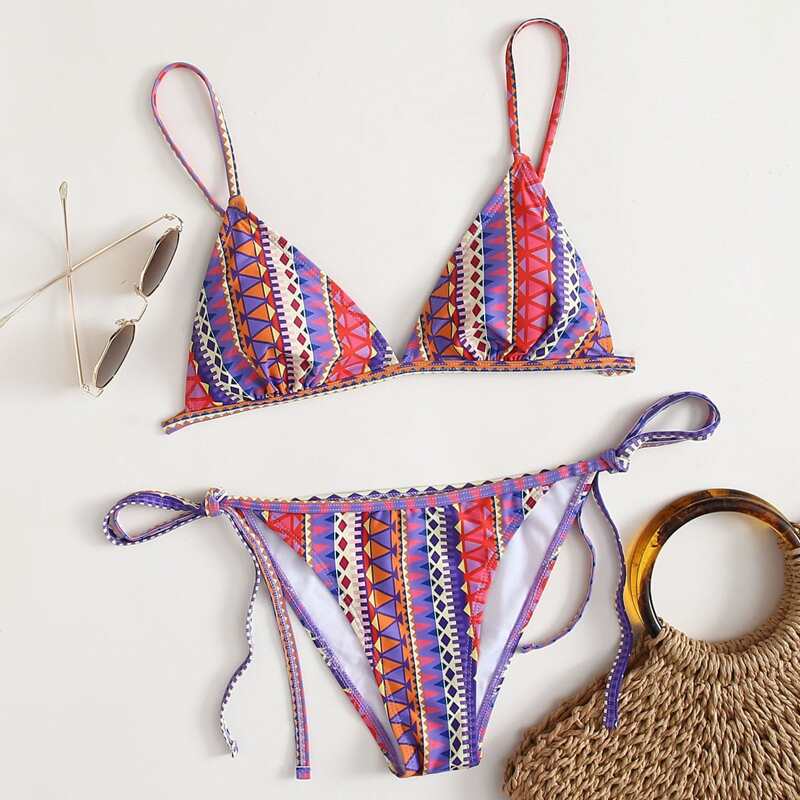 

Geometric Triangle Tie Side Bikini Swimsuit, Multicolor