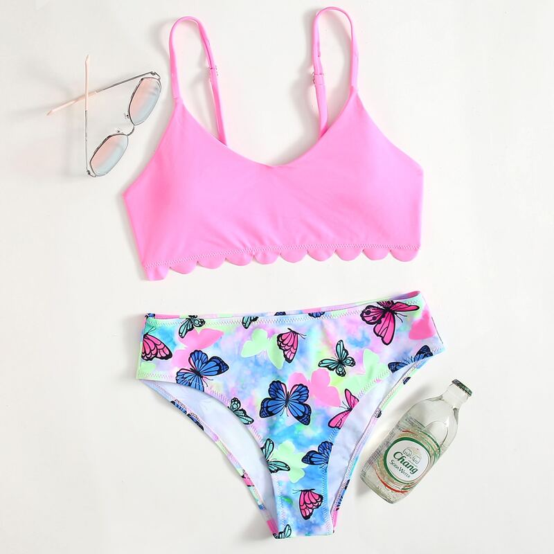 

Butterfly Print Scallop Trim Bikini Swimsuit, Multicolor