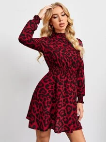 SHEIN Clasi Shirred Detail Leopard Dress - Multicolor - View 4