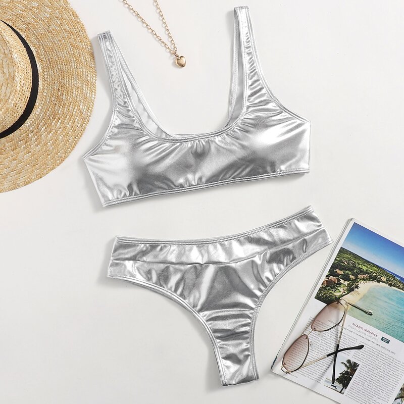 

Metallic Scoop Neck Bikini Swimsuit, Silver