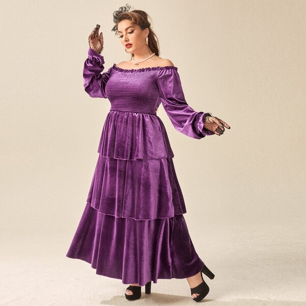 

Plus Velvet Shirred Bardot Tiered A-line Dress, Purple