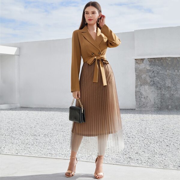

Double Button Pleated Mesh Hem Belted Dress, Brown