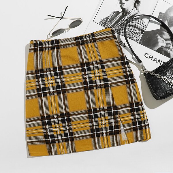 

Plus Split Hem Tartan Skirt, Multicolor