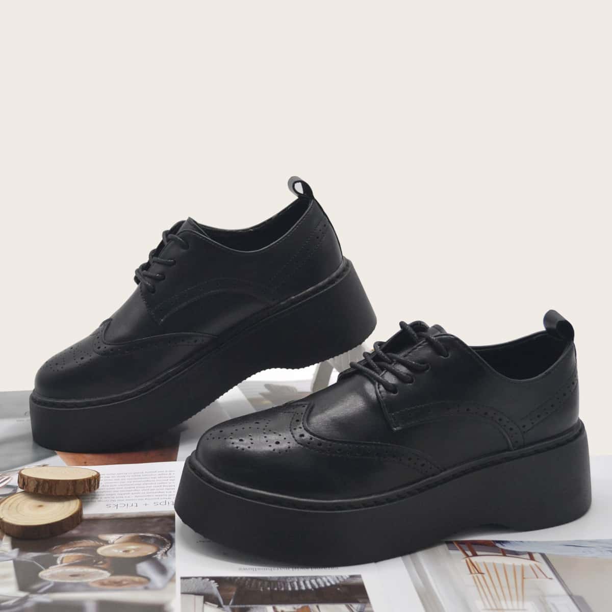 

Lace-up Front Flatform Shoes, Black