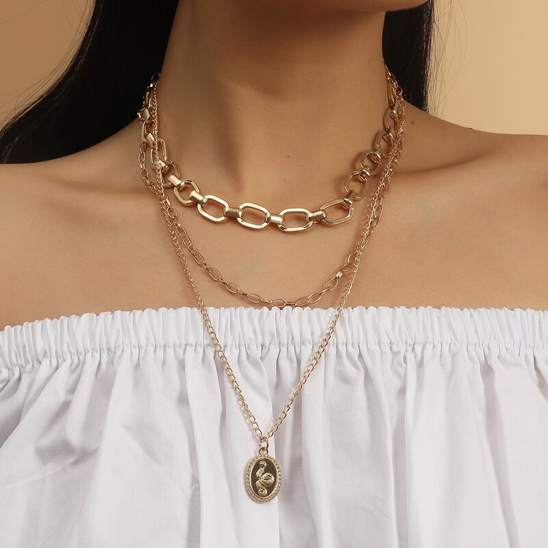 

Snake Coin Layered Chain Necklace, Gold