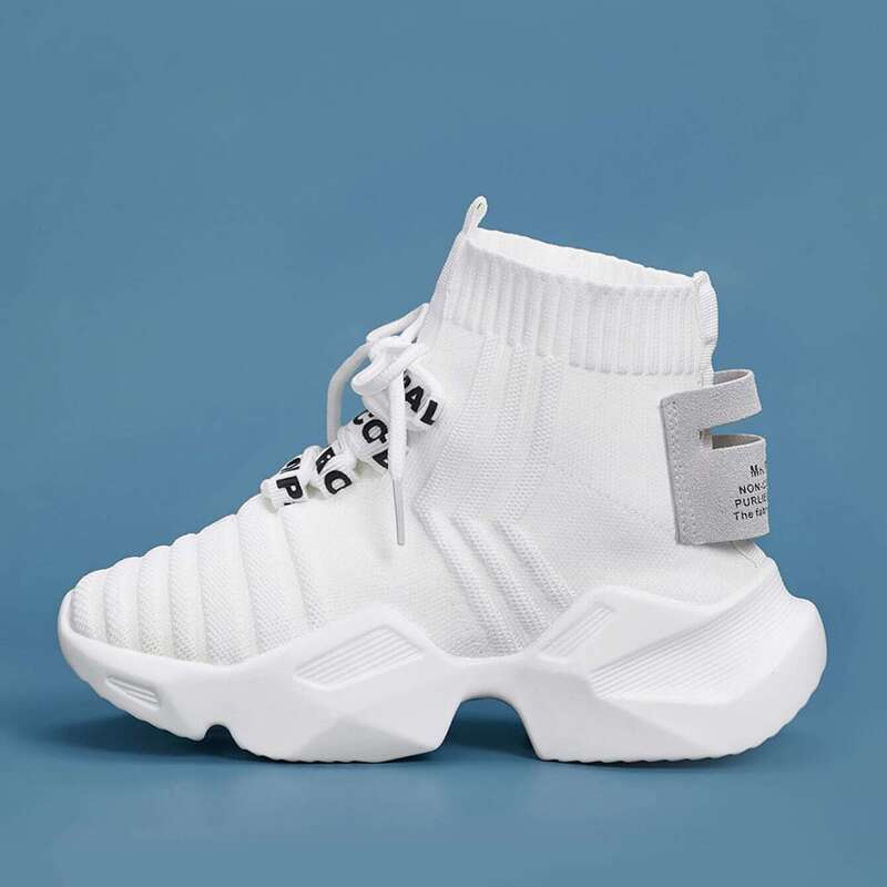 

Letter Tape High Top Lace-up Sock Sneakers, White