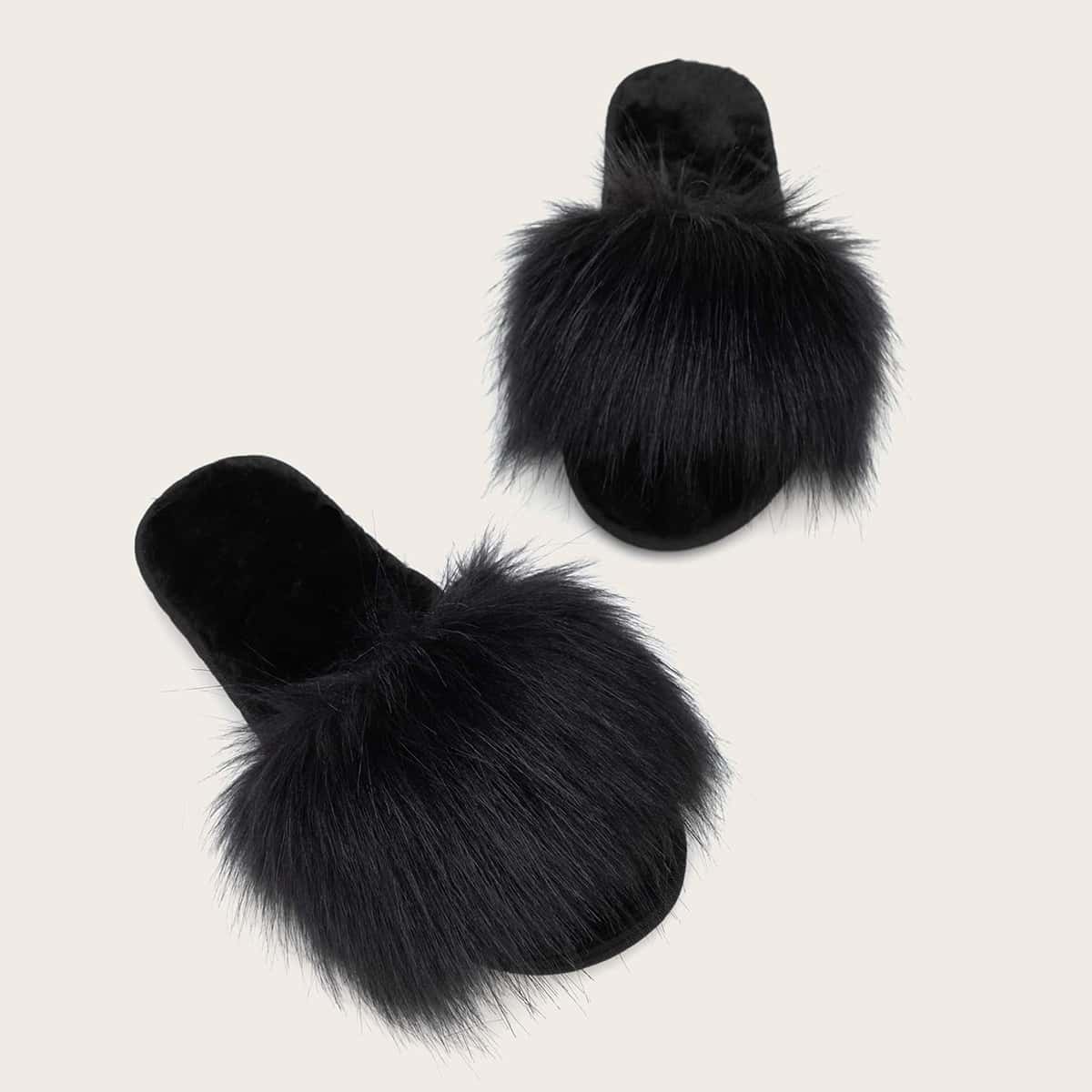 

Solid Open Toe Fluffy Slippers, Black