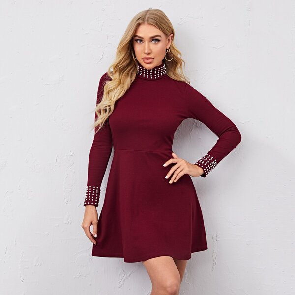

Pearl Detail Fit and Flare Dress, Maroon