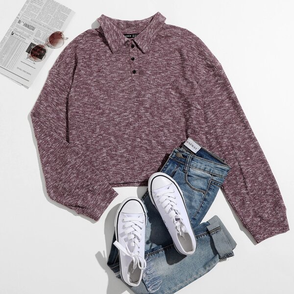 

Drop Shoulder Rib-knit Half Button Placket Tee, Maroon