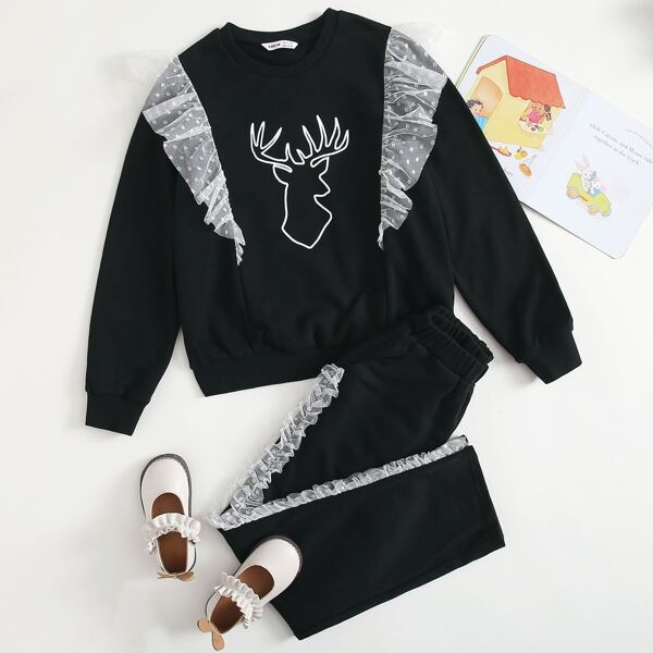 

Girls Dobby Mesh Ruffle Trim Elk Print Pullover & Joggers Set, Black