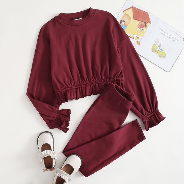 

Girls Drop Shoulder Ruffle Trim Top & Leggings Set, Maroon