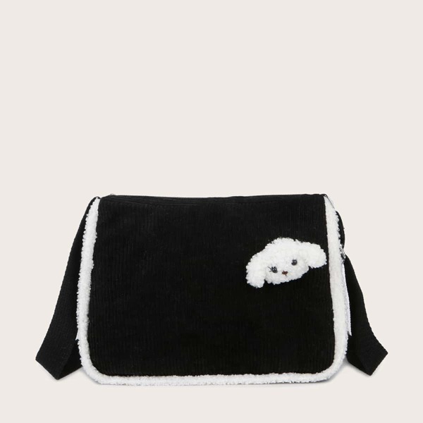 

Faux Fur Trim Corduroy Crossbody Bag, Black