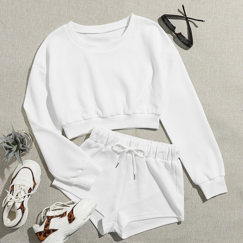 

Crop Sweatshirt & Drawstring Waist Shorts Lounge Set, White