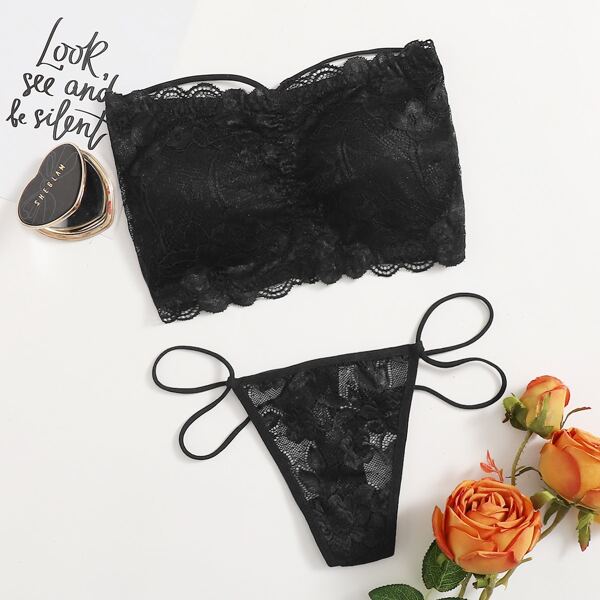 

Floral Lace Crisscross Thong Lingerie Set, Black