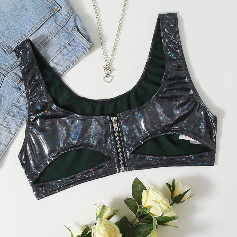 

Metallic Zip Front Cut-out Bralette, Black