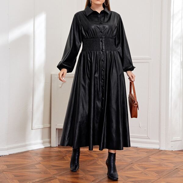 

Plus Bishop Sleeve Shirred Detail PU Dress, Black