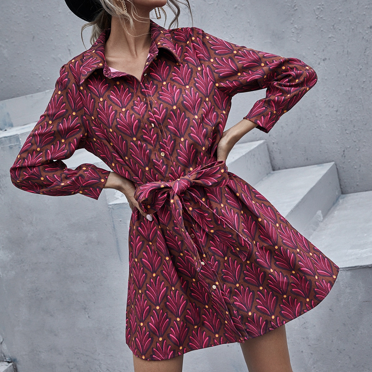 Image of Allover Plants Print Belted Shirt Dress