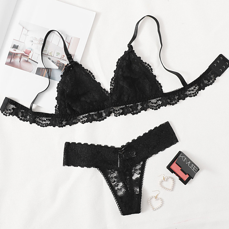 

Floral Lace Thong Lingerie Set, Black
