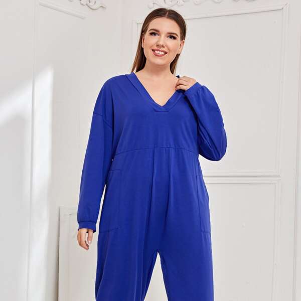 

Plus Drop Shoulder Pocket Front Sleep Jumpsuit, Royal blue