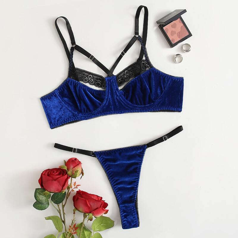 

Contrast Lace Underwire Velvet Lingerie Set, Royal blue