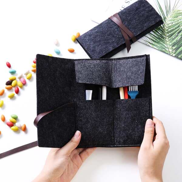 

1pc Felt Lace Up Pencil Bag, Black