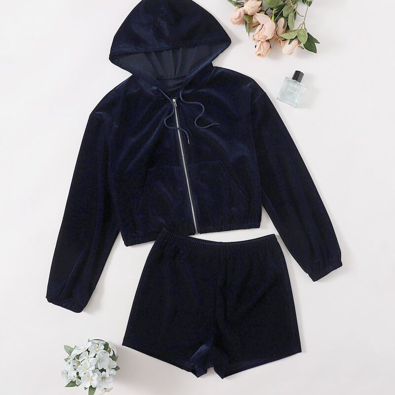 

Zip Drawstring Hoodie & Shorts Lounge Set, Navy blue