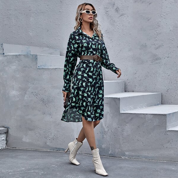 

Allover Cat Print Button Up Shirt Dress Without Belt, Multicolor