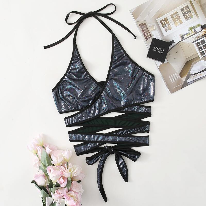 

Metallic Crisscross Wrap Bralette, Black