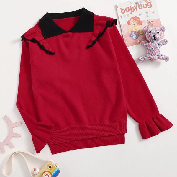 

Girls Ruffle Trim Contrast Collar Sweater, Burgundy