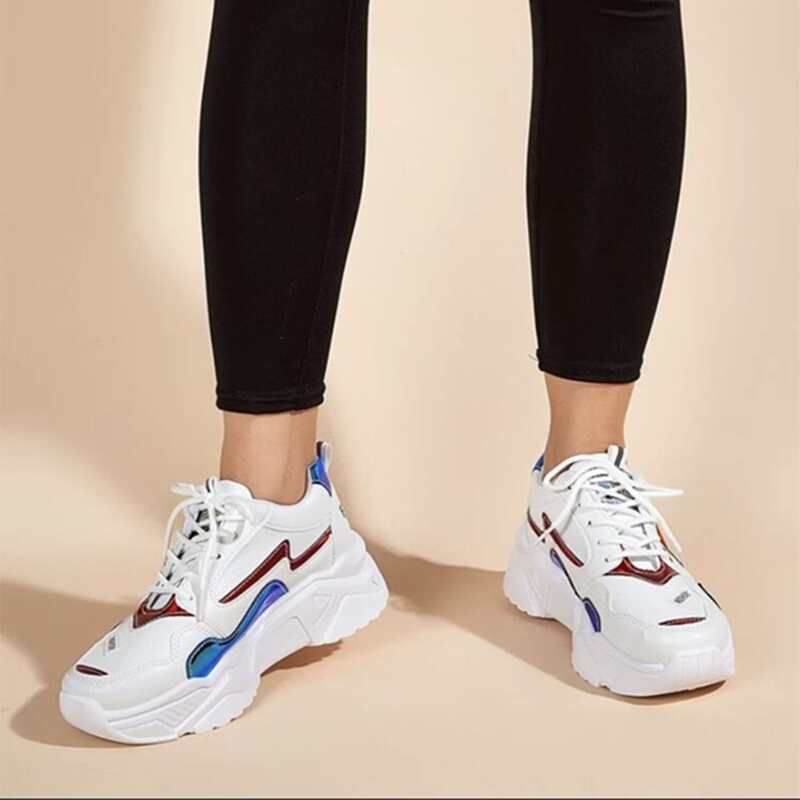 

Holographic Lace-up Chunky Sneakers, White