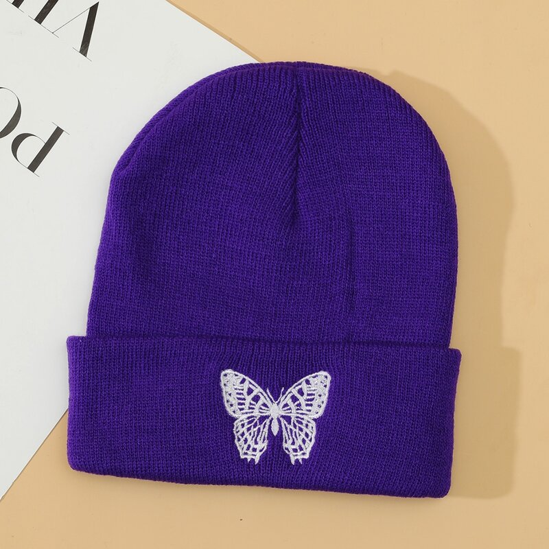 

Butterfly Embroidery Knit Beanie, Purple