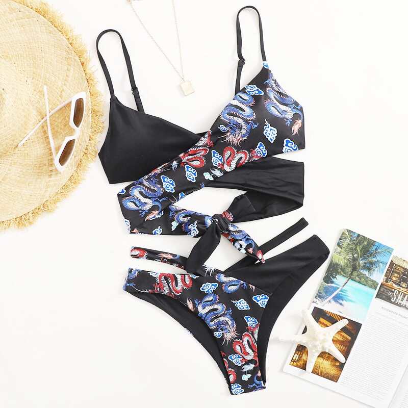 

Chinese Dragon Colorblock Wrap Bikini Swimsuit, Multicolor