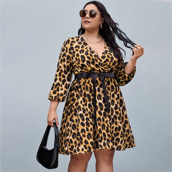 

Plus Surplice Neck Leopard Belted Dress, Multicolor