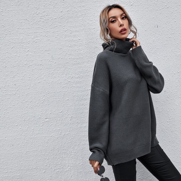 

High Neck Drop Shoulder Sweater, Dark grey