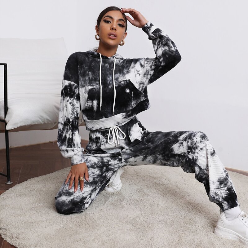 

Drop Shoulder Tie Dye Hoodie & Sweatpants Set, Black and white