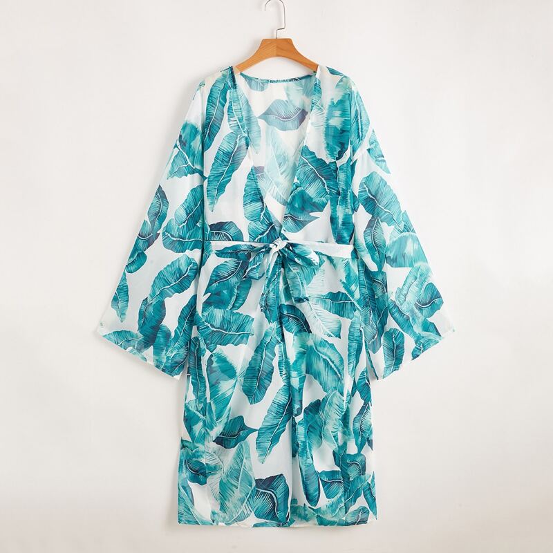 

Tropical Leaf Print Belted Kimono, Multicolor