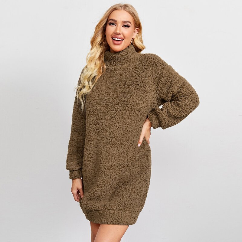 

Mock Neck Teddy Sweatshirt Dress, Mocha brown