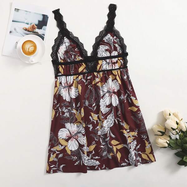 

Plus Lace Trim Floral Print Slip Satin Dress, Multicolor