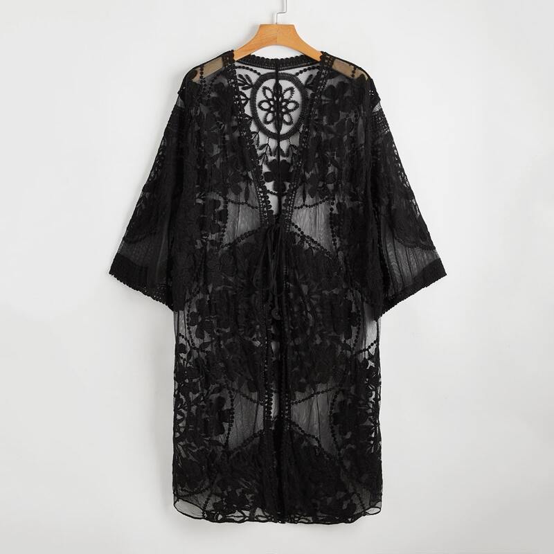 

Sheer Lace Tie Front Kimono, Black