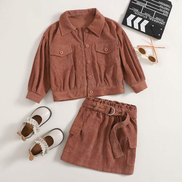 

Toddler Girls Corduroy Flap Pocket Jacket & Belted Skirt, Redwood