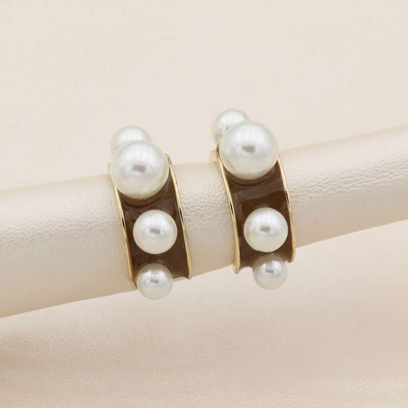 

Faux Pearl Huggie Hoop Earrings, Coffee brown
