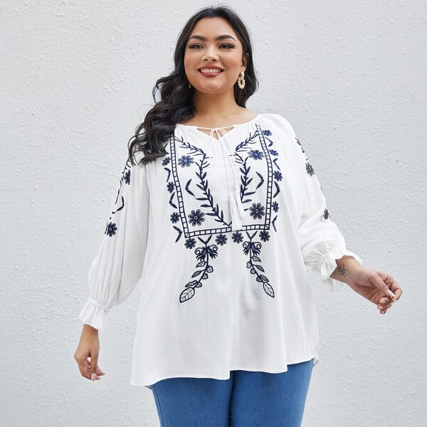 

Plus Tie Neck Flounce Sleeve Tunic Blouse, White